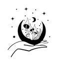 Mushroom microdosing concept, hand holding moon with mystical mushrooms. Esoteric line tattoo, forest composition in