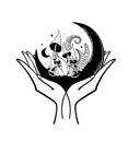 Mushroom microdosing concept, two hands hold the moon with mystical mushrooms. Esoteric line tattoo, forest composition