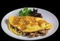 Mushroom omelette white plate. Generate AI