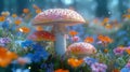 Mushroom Paradise: A Colorful Wonderland of Flowers, Princesses Royalty Free Stock Photo