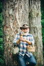 Mushroom Picker. Happy Grandfather - Summer And Hobbies. Old Man Walking. Grandpa Pensioner. Senior Hiking In Forest.