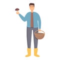 Mushroom picker in rainy boots icon cartoon vector. Smile fall vacation