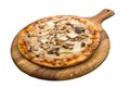 Mushroom pizza isolated on wooden cutting board on plain white background side view of fastfood Royalty Free Stock Photo