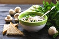 Mushroom puree soup with allspice, parsley, champignons and toasts