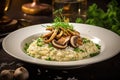 Mushroom Risotto on Elegant Restaurant Plate, Porcini Mushrooms Rissoto, Delicious Italian Risoto Lunch Royalty Free Stock Photo