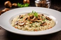 Mushroom Risotto on Elegant Restaurant Plate, Porcini Mushrooms Rissoto, Delicious Italian Risoto Lunch Royalty Free Stock Photo