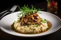 Mushroom Risotto on Elegant Restaurant Plate, Porcini Mushrooms Rissoto, Delicious Italian Risoto Lunch Royalty Free Stock Photo