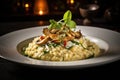 Mushroom Risotto on Elegant Restaurant Plate, Porcini Mushrooms Rissoto, Delicious Italian Risoto Lunch Royalty Free Stock Photo