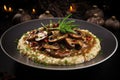 Mushroom Risotto on Elegant Restaurant Plate, Porcini Mushrooms Rissoto, Delicious Italian Risoto Lunch Royalty Free Stock Photo