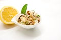 Mushroom risotto on white plate, close up view Royalty Free Stock Photo