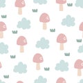 Mushroom seamless pattern. Vector illustration with mushrooms and clouds. Royalty Free Stock Photo