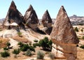 Mushroom-shaped rocks with caves inside close-up in the Rose Valley in Cappadocia, Turkey Royalty Free Stock Photo