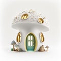 Mushroom Shaped White Ceramic Fairy House with Curved Walls and Windows, light inside, Monochrome Object Isolated on Solid Black Royalty Free Stock Photo