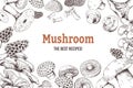 Mushroom sketch background. Organic food sketch with shiitake champignon truffle and oyster mushrooms. Vector doodle set Royalty Free Stock Photo