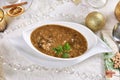 Mushroom soup with barley for Christmas Eve supper top view Royalty Free Stock Photo