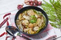 Mushroom soup bowl - Yellow wild mushroom or grisette Amanita vaginata edible mushrooms cooked Asian food Royalty Free Stock Photo