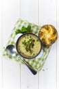 Mushroom soup with a bread roll and parsley Royalty Free Stock Photo