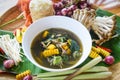 Mushroom soup herbs and spices ingredients Thai food served on bowl / Mix various kinds of mushrooms tradition northeast food Royalty Free Stock Photo