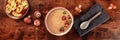 Mushroom soup panorama with ingredients and toasted bread, overhead flat lay Royalty Free Stock Photo