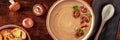 Mushroom soup panorama with ingredients and toasted bread, overhead shot Royalty Free Stock Photo