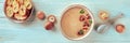 Mushroom soup panorama, overhead flat lay shot with ingredients and bread Royalty Free Stock Photo