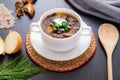 Mushroom soup with parsley. Traditional vegetarian dish. Close-up on the table dill and onions. Royalty Free Stock Photo