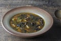 Mushroom soup plate with porcini mushrooms, potato, carrot, onion, fresh green dill and pepper on black background, closeup Royalty Free Stock Photo