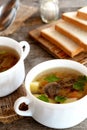 Mushroom soup with potatoes, carrots and parsley in bowls. Soup cooked in mushroom broth with vegetables