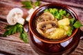 Mushroom soup with potatoes and chives in a clay pot Royalty Free Stock Photo