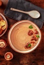 Mushroom soup, shot from above on a dark wooden background Royalty Free Stock Photo