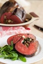 Mushroom and spinach stuffed beef heart with arugula Royalty Free Stock Photo