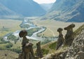 Mushroom stone and mountain stream in valley