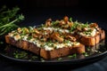 Mushroom toasts with cheese and fresh thyme on a black background, close-up