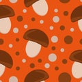 Mushroom in vector flat seamless pattern on orange background. food, textiles, wrapping paper, scrapbook, wallpaper Royalty Free Stock Photo