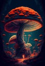 A Mushroom Wonderland: A House in the Middle of the forest in Red, Blue, and Black Light, with a Marihuana Pencil Illustration