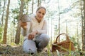 Mushrooming, woman picking mushrooms in the forest