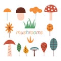 Mushrooms and autumn leaves doodles design element vector set