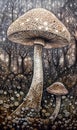 Mushrooms background with organic texture, glowing forest in soft neutral tones. Generative AI