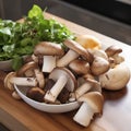 Mushrooms in a bowl on a wooden board. Healthy food.