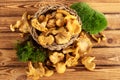 Mushrooms chanterelles on wooden background. Rustic design Royalty Free Stock Photo