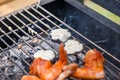 Mushrooms with cheese and chicken wings on barbecue grill on hot charcoal and fire. Royalty Free Stock Photo