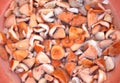 Mushrooms chopped in big red bowl Royalty Free Stock Photo