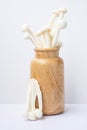 Mushrooms conceptual still life. White beech or shimeji mushrooms in wooden vase