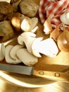 Mushrooms on the cutting board with shallots, onions and garlic