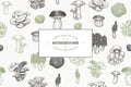 Mushrooms design template. Vector hand drawn illustrations. Mushroom in retro style. Autumn food background