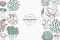 Mushrooms design template. Vector hand drawn illustrations. Mushroom in retro style. Autumn food background