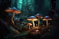 Moonlit fantasy mushroom forest, white and red magical mushrooms.