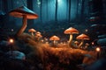 Moonlit fantasy mushroom forest, white and red magical mushrooms.