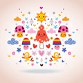 Mushrooms, flowers, hearts & birds illustration