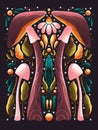 Mushrooms and flowers motifs in symmetry art style. Colorful illustration with floral elements, mushrooms and stars